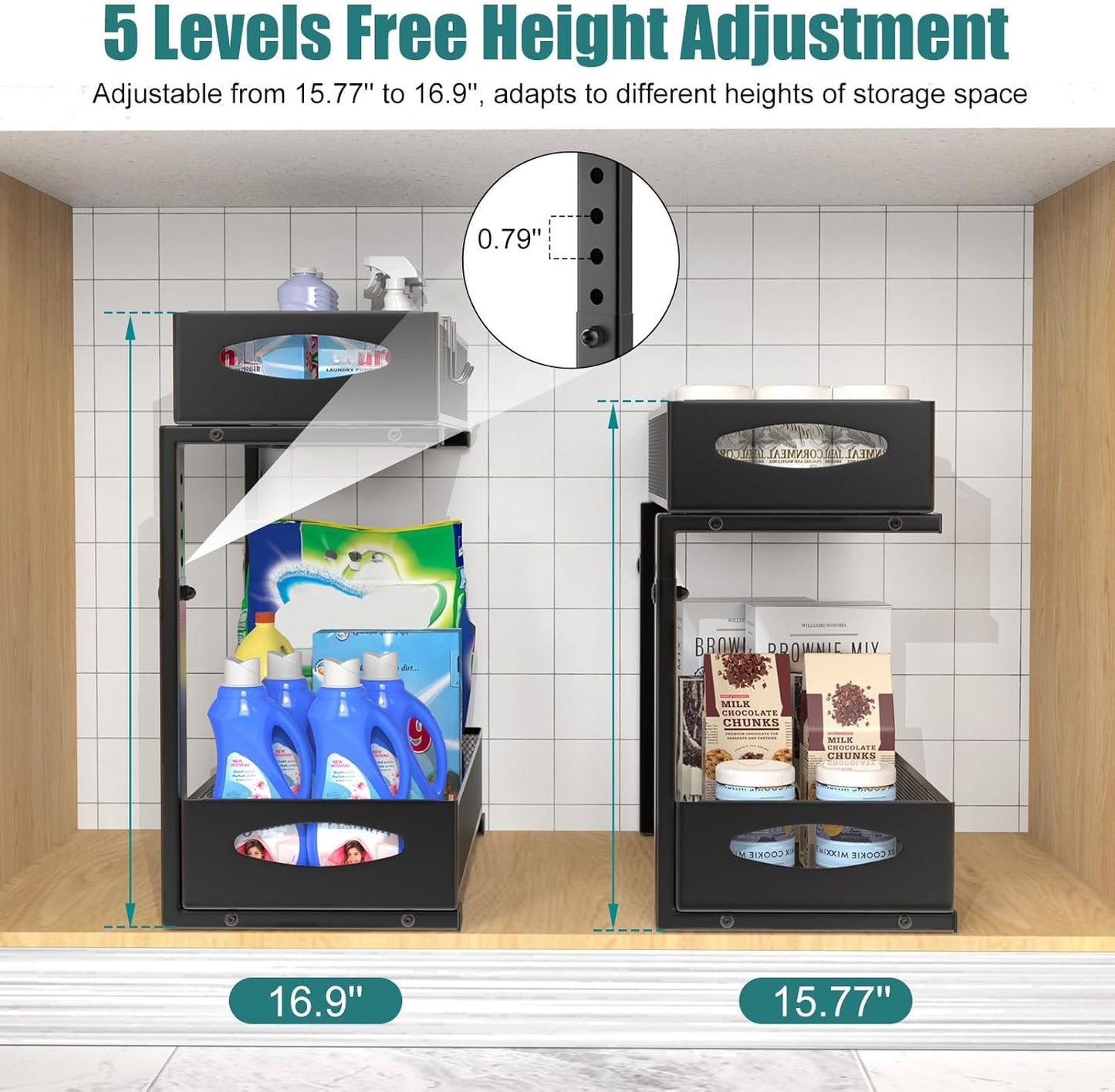 2 Pack Under Sink Organizer, 2 Tier Metal Pull Out Under Sink Storage with Sliding Mesh Drawers
