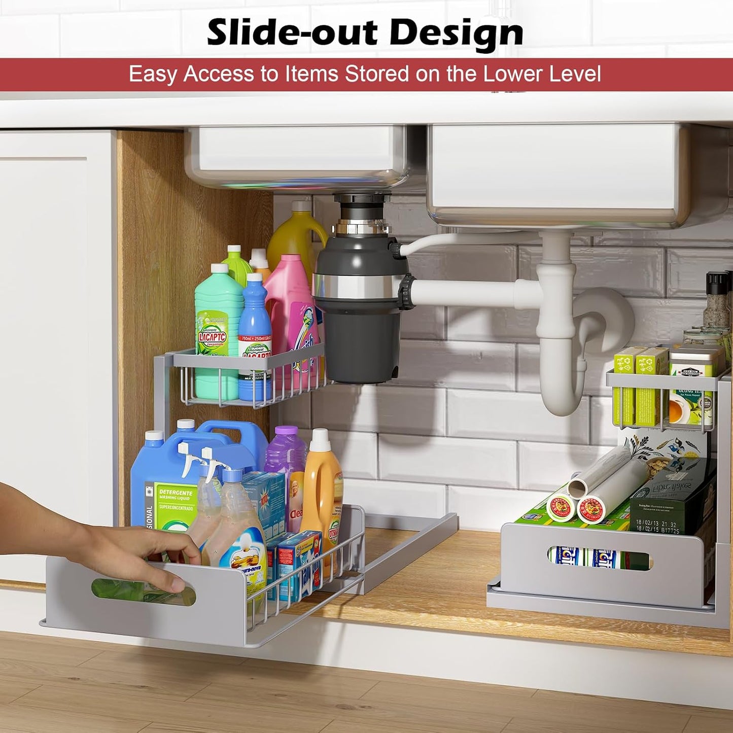 Under Sink Organizer, Pull Out Cabinet Organizer 2 Tier Slide Out Sink Shelf Cabinet Storage Shelves, Storage for Kitchen Bathroom, Grey, 2 Pack