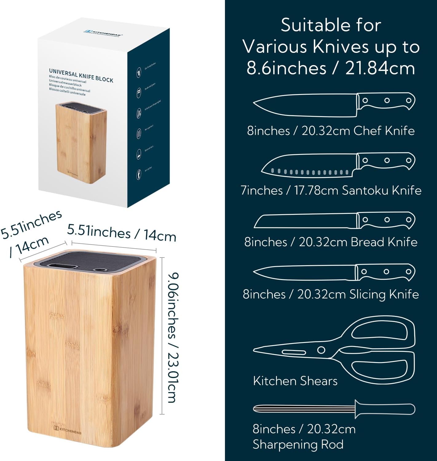 Deluxe Universal Knife Block with Slots for Scissors and Sharpening Rod