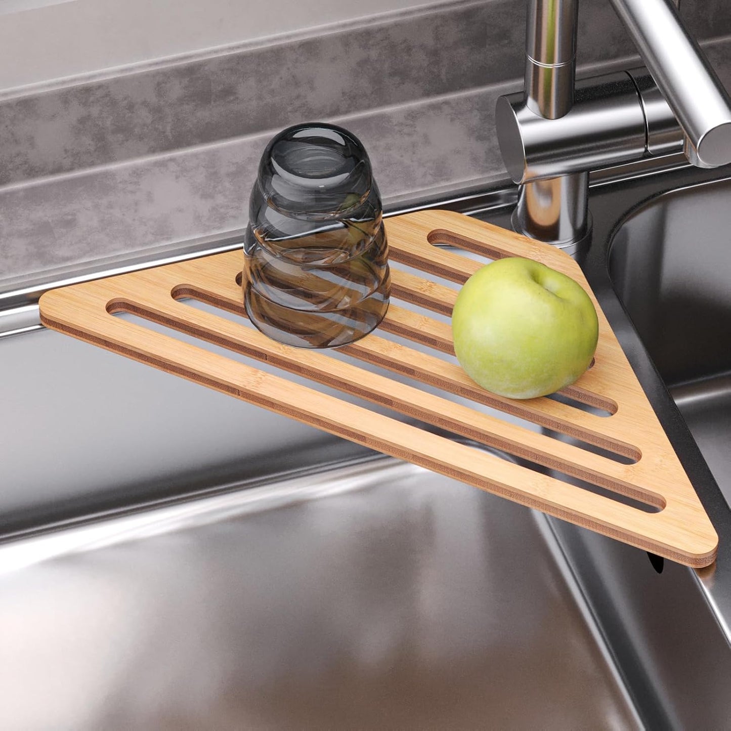 Dish Drying Rack for Sink Corner,Over The Sink Bamboo Dish Drainer Drying Rack,Dish Drainer Mat for Kitchen,Sink Accessories(Natural)