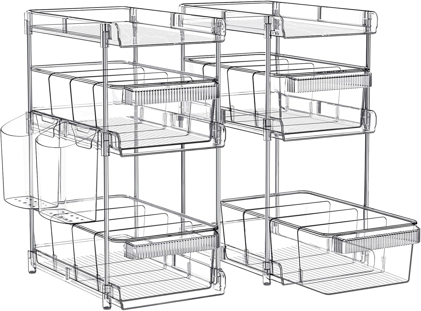 Clear Bathroom Organizers 2 Sets 3 Tier, Pull Out Organizer and Storage with 2 Cups