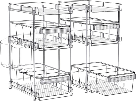 Clear Bathroom Organizers 2 Sets 3 Tier, Pull Out Organizer and Storage with 2 Cups