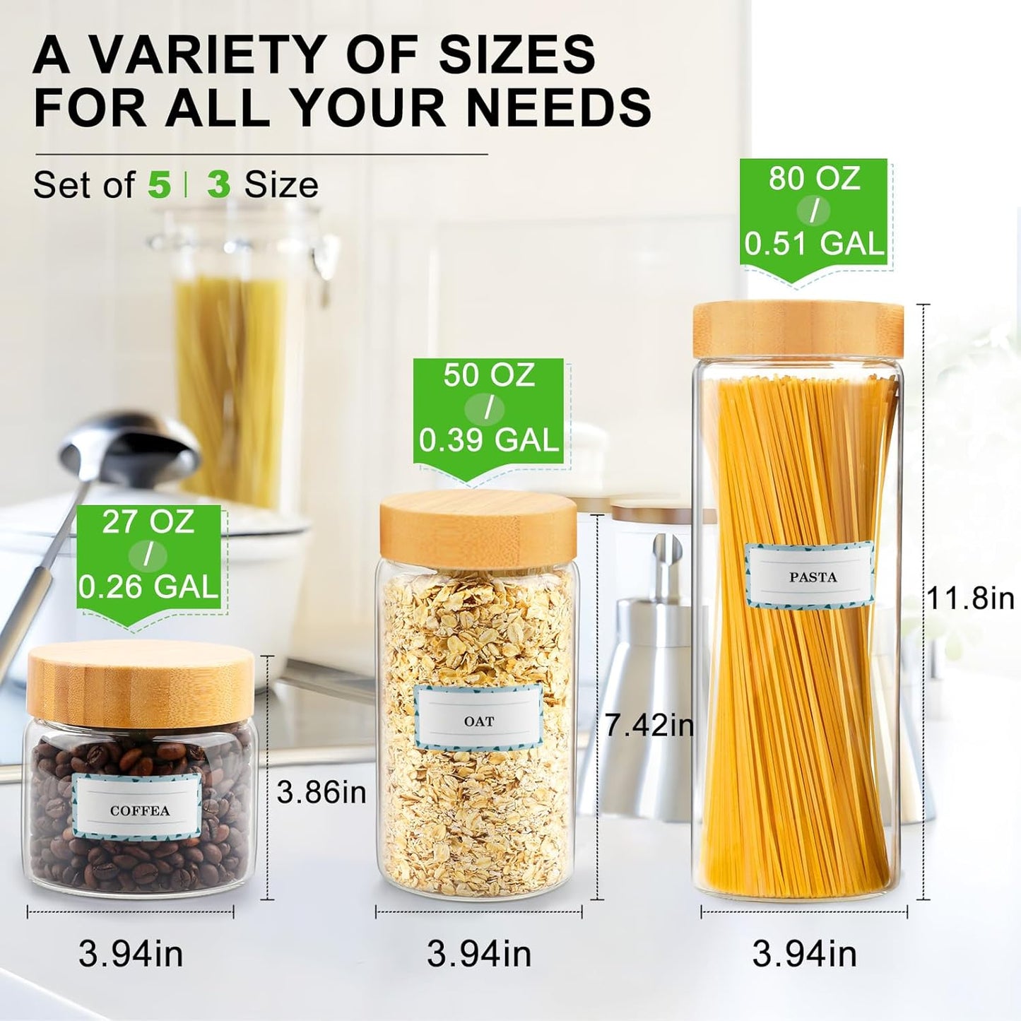 Airtight Glass Jar with Lid, Glass Storage Containers with Screw On Bamboo Lids, for Cookie, Pasta