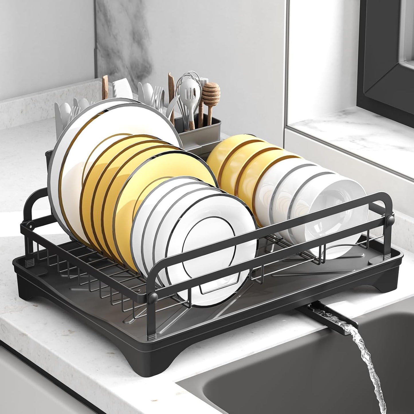 Dish Drying Rack for Kitchen Counter, Large Dish Drying Rack with Utensil Holder & Cutlery Tray