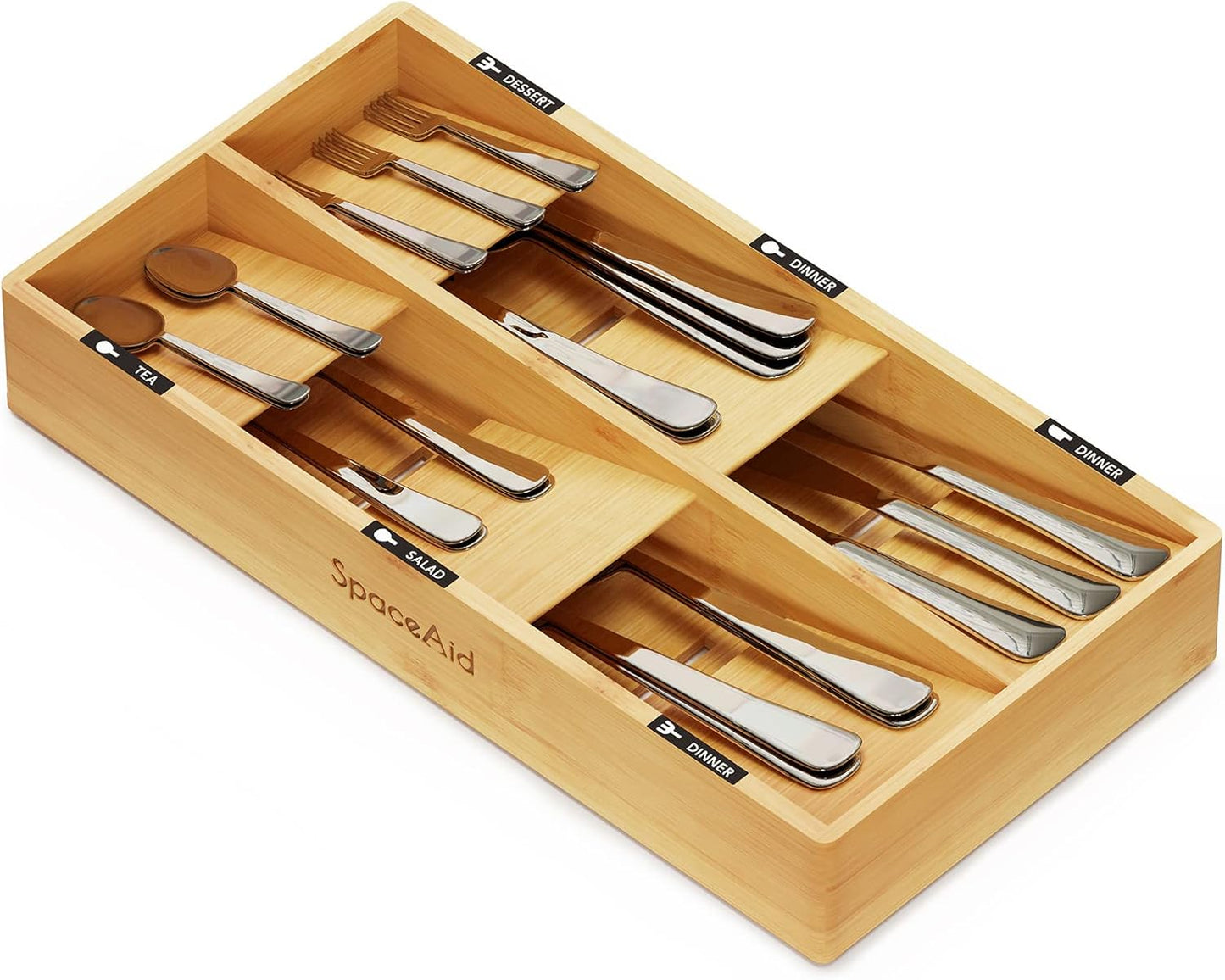 Bamboo Silverware Drawer Organizer with Labels, Kitchen Utensil Tray Holder Organizer for Flatware
