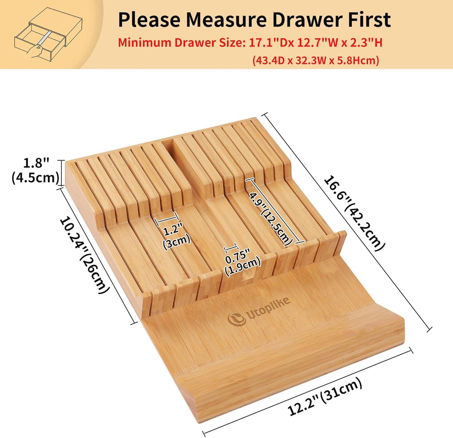 In-drawer Knife Block Bamboo Kitchen Knife Drawer Organizer Large