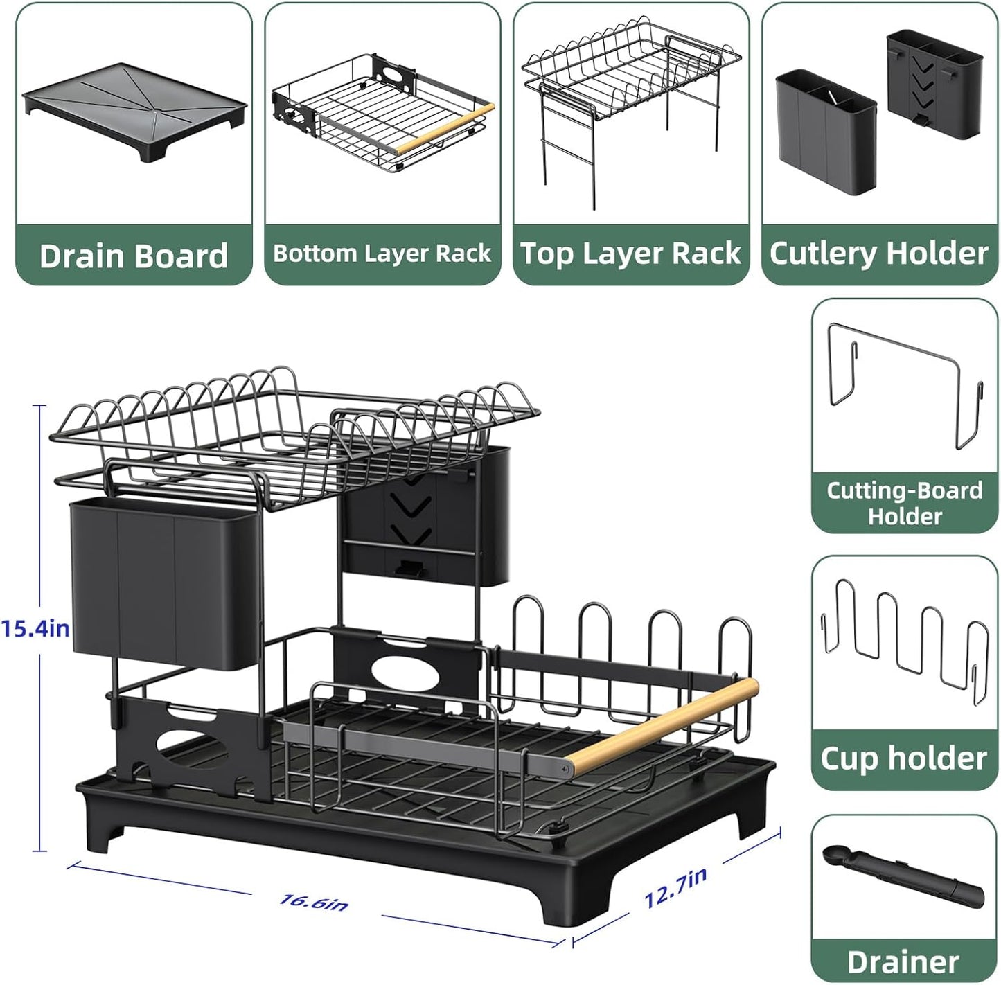 2-Tier Dish Rack with Drainboard: Large Capacity Anti-Rust Kitchen Counter Organizer with Cup