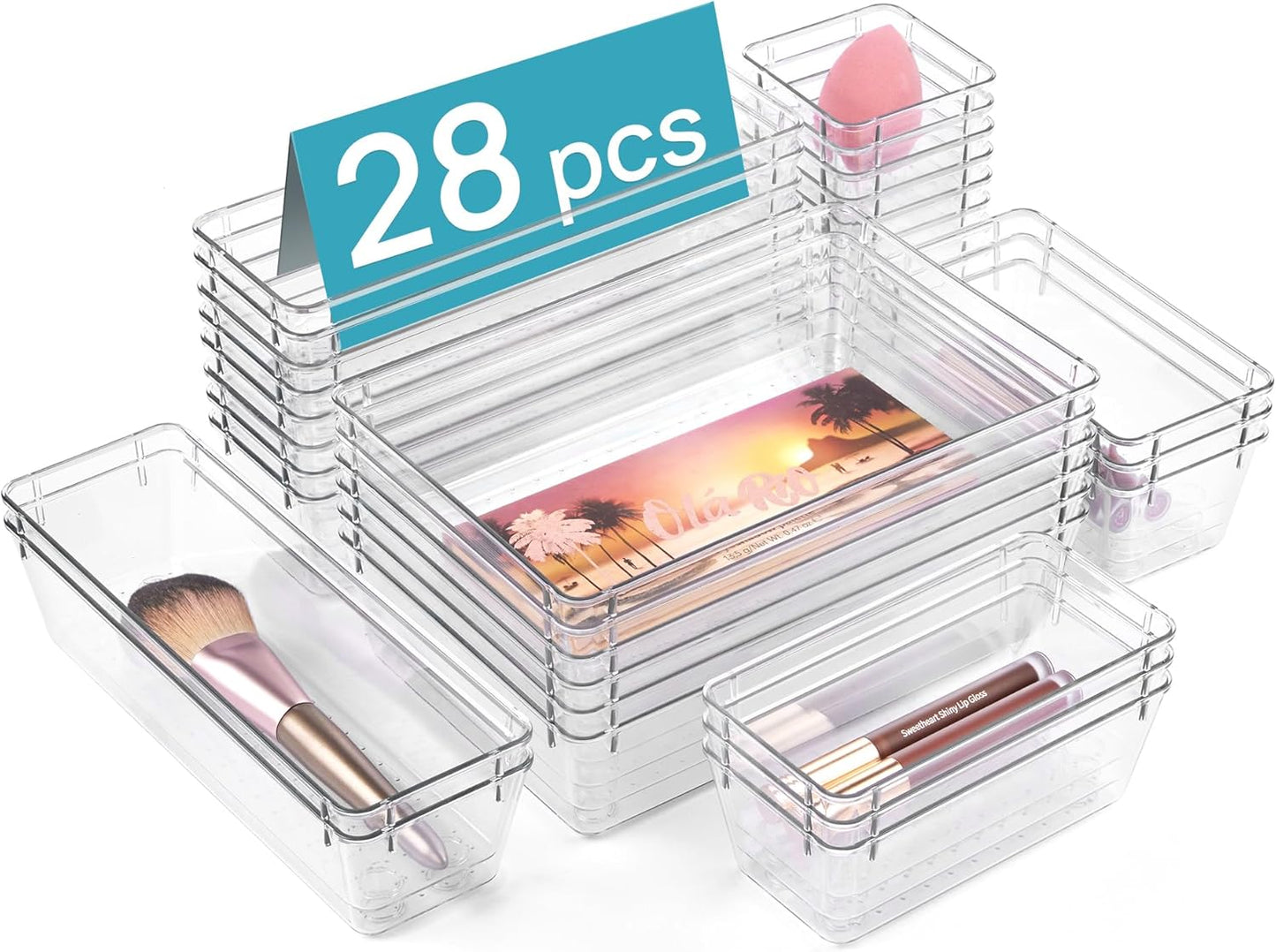 28 PCS Clear Plastic Drawer Organizers Set, 4-Size Bathroom and Vanity Drawer Organizer Trays