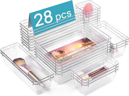 28 PCS Clear Plastic Drawer Organizers Set, 4-Size Bathroom and Vanity Drawer Organizer Trays