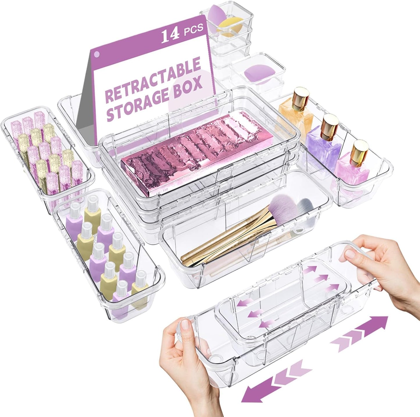 14 Pcs Clear Drawer Organizer, Adjustable Drawer Storage Box, 3-Size Desk Drawer Organizer