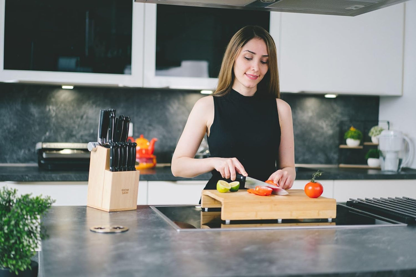 Bamboo Universal Knife Block - Knife Holder with 2 Built-In Knife Sharpeners