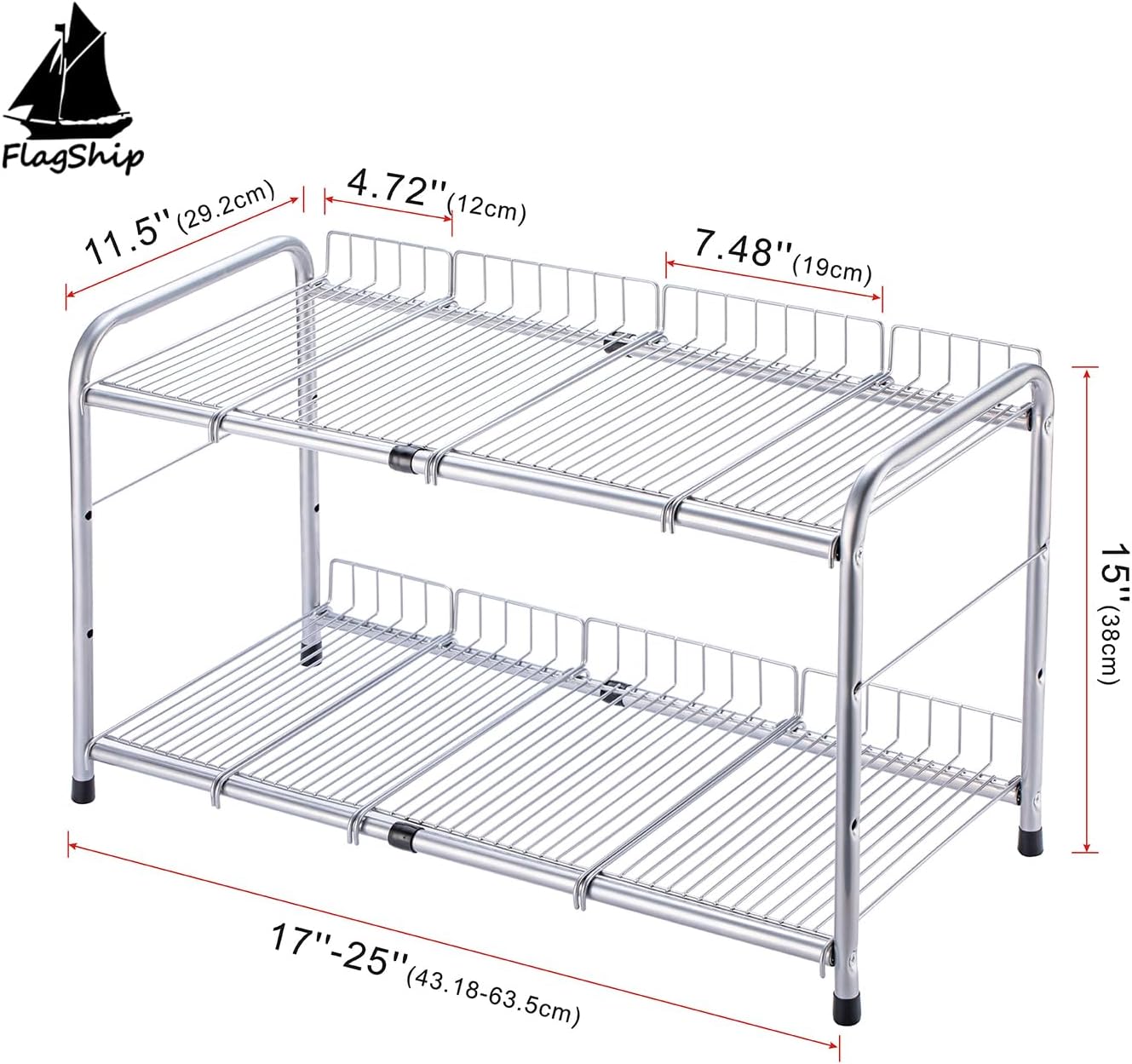 2 Tier Under Sink Organizers and Storage Rack Expandable Cabinet Shelf for Kitchen Bathroom Silver (17-25 inches)