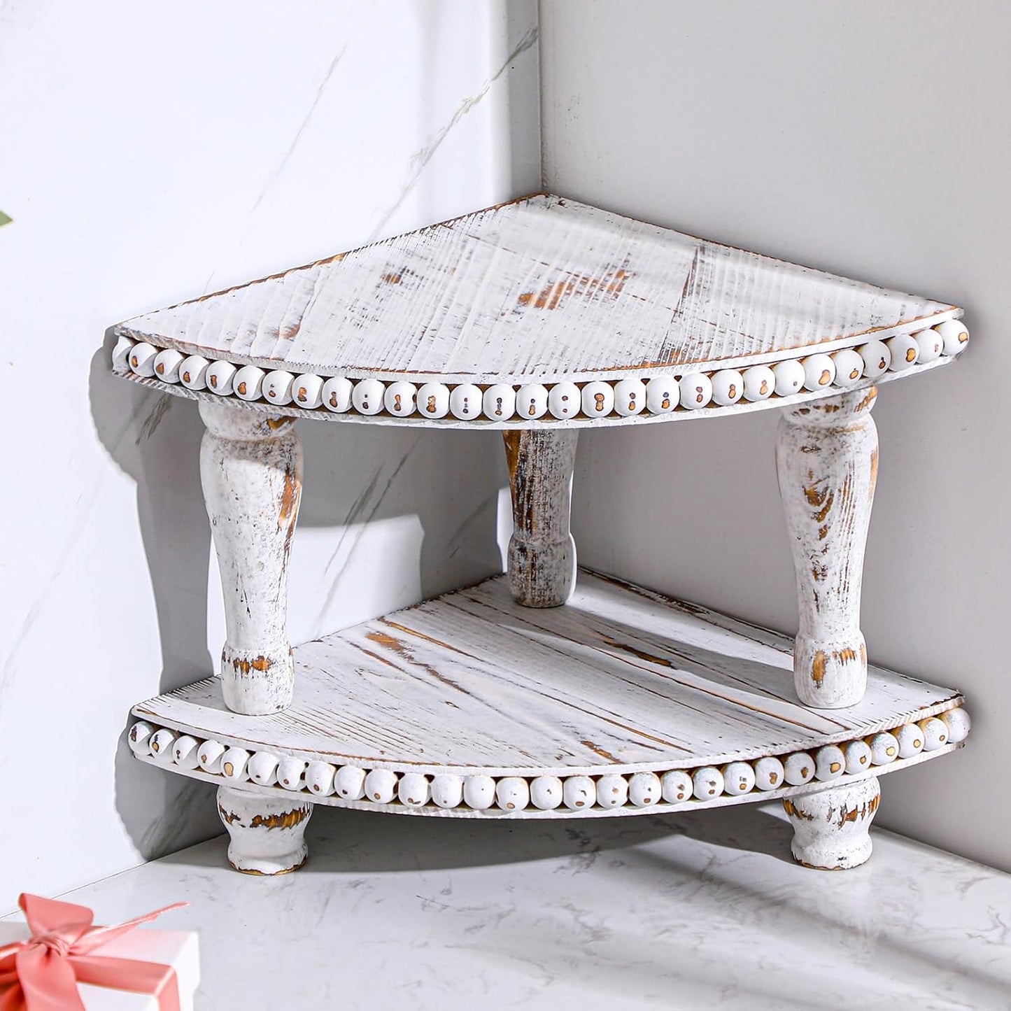 2 Tiered Corner Riser for Kitchen Counter Wood Beaded Corner Shelf White Wash Countertop Bathroom Counter Organizer Rustic Decorative Pedestal Stand with Removable Feet for Kitchen Coffee Bar