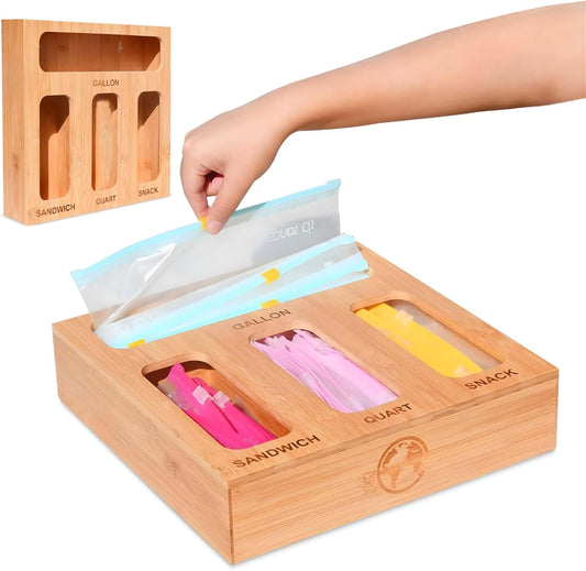 Earth’s Dreams Bamboo Kitchen Drawer Organizer – Resealable Food Storage Bag Holder for Gallon