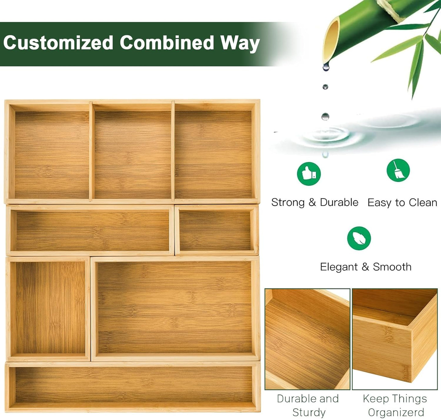 Set of 6 Bamboo Drawer Organizer Storage Box, Adjustable Cutlery Drawer Organizer