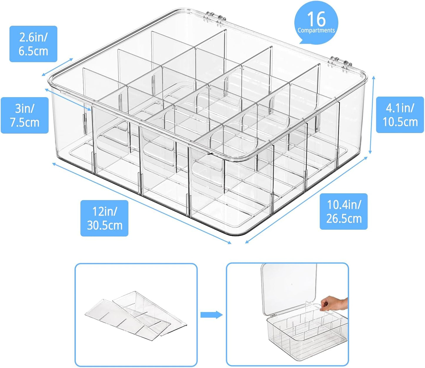 Tea Bag Organizer with Lid: Plastic Storage Bin - 16 Compartments with Removable Dividers