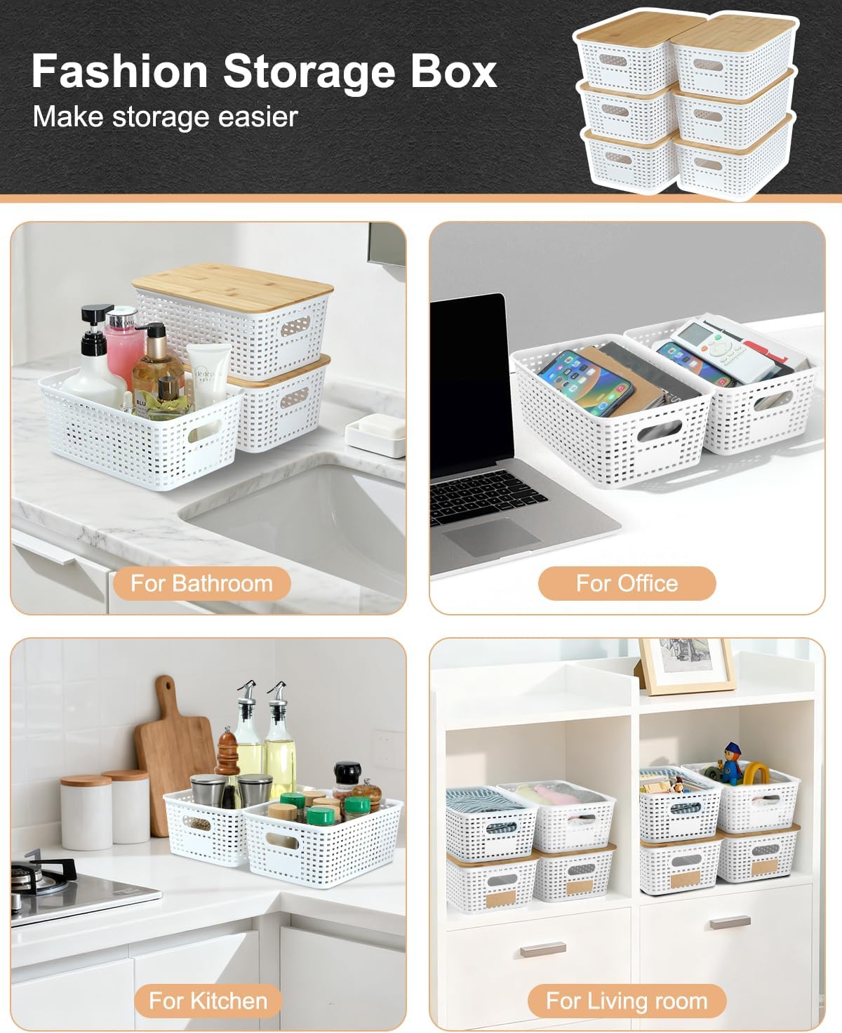 Plastic Storage Baskets with Bamboo Lids for Pantry Organization and Storage Containers Bins for Shelves Drawers Desktop Closet Playroom Classroom Office Home, 6 Pack,White