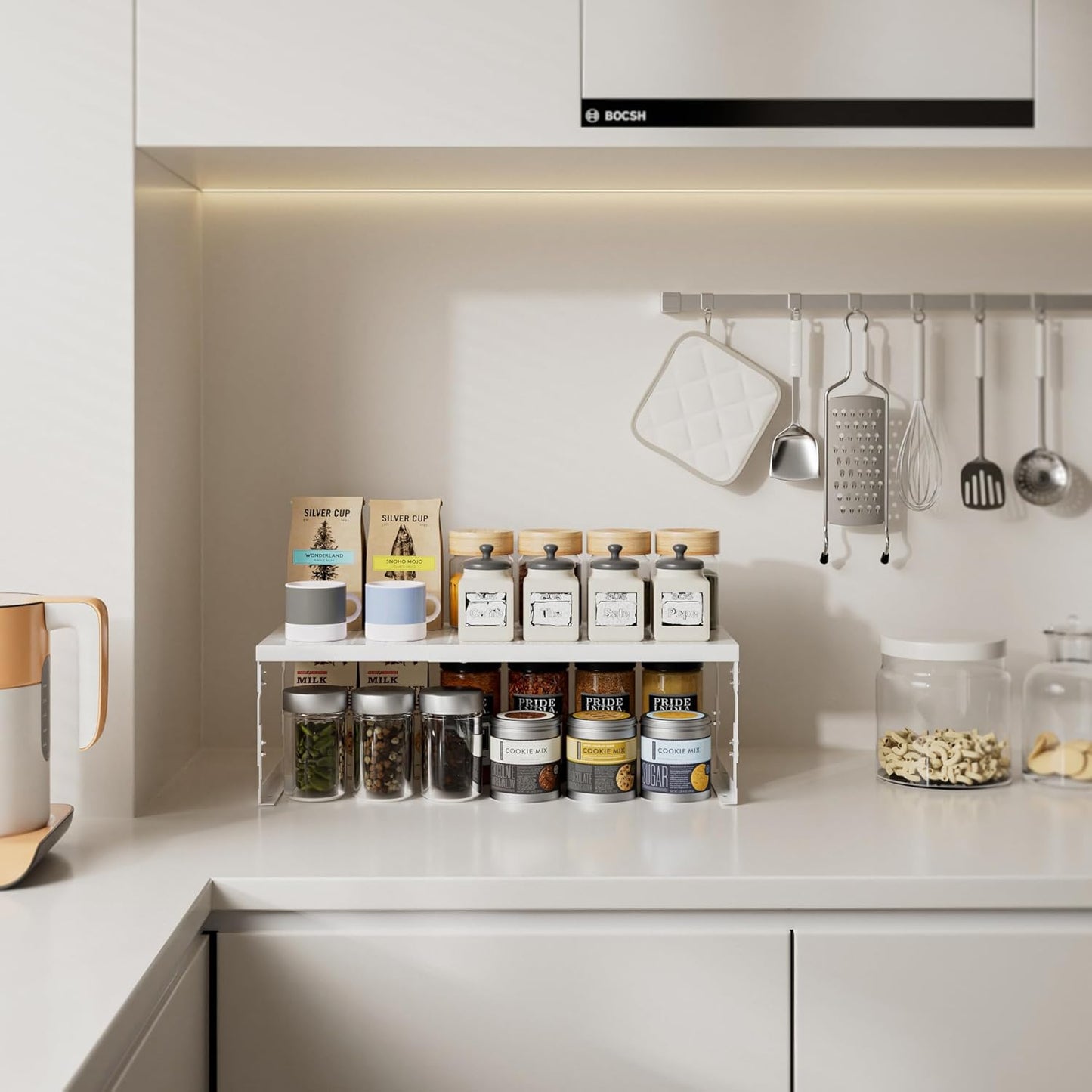 Stackable Expandable Metal Shelf Organizer - Adjustable Wire Storage Rack with Holes for Kitchen