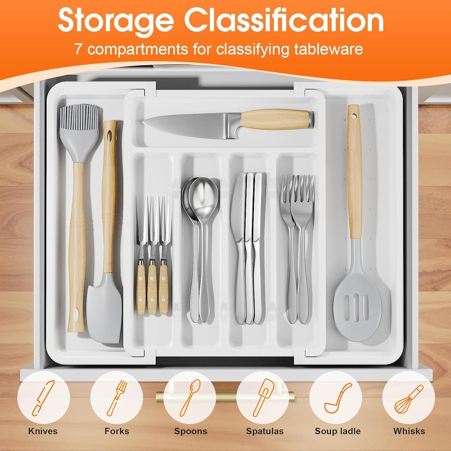 Silverware Organizer，Adjustable & Expandable Utensil Drawer Organizer, BPA Free Utensil Holder