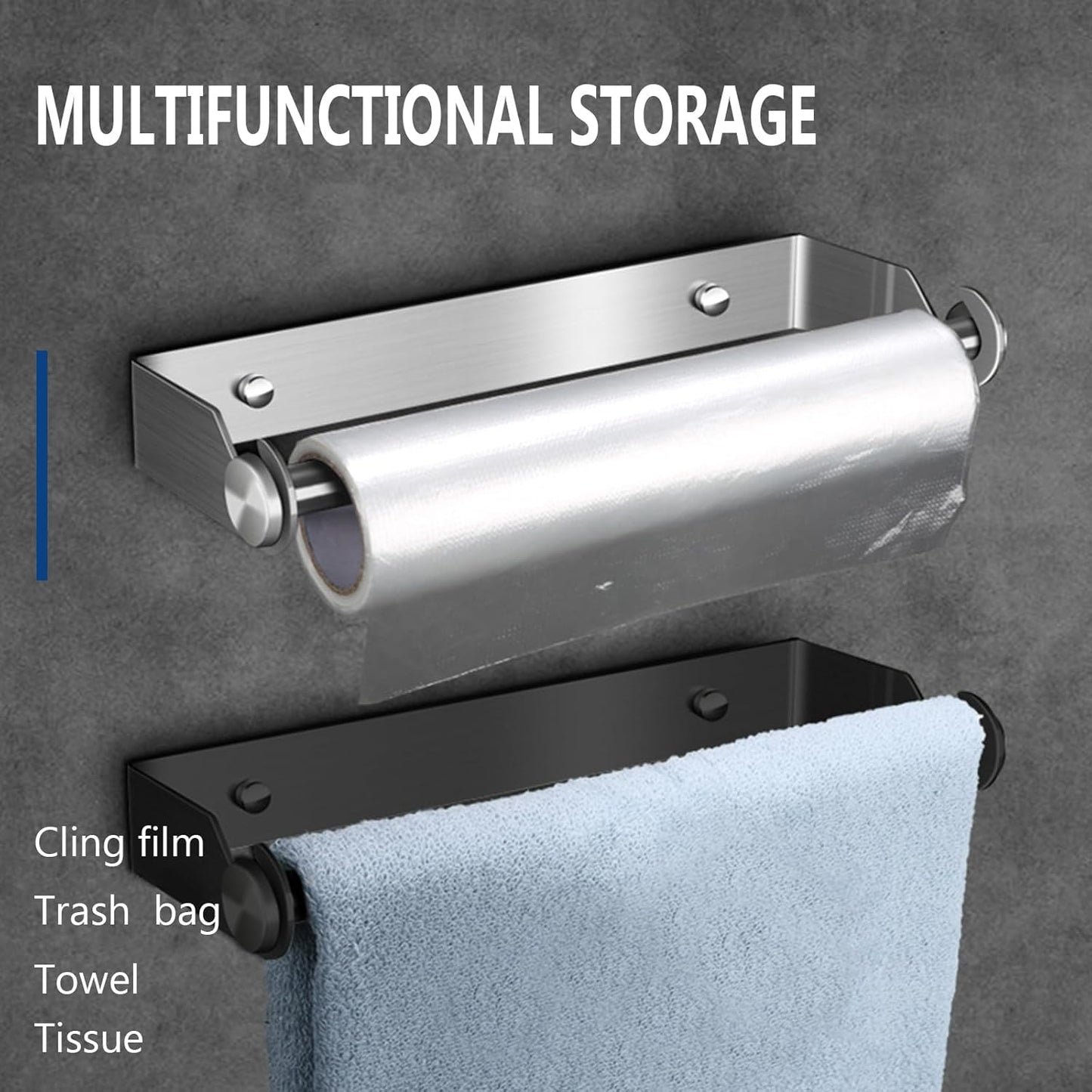 Stainless Steel Black Paper Towel Rack Wall Mount Self Adhesive or Screw Mounting Under Cabinet Toilet Paper Roll Holder for Home Kitchen Bathroom Camper Wall