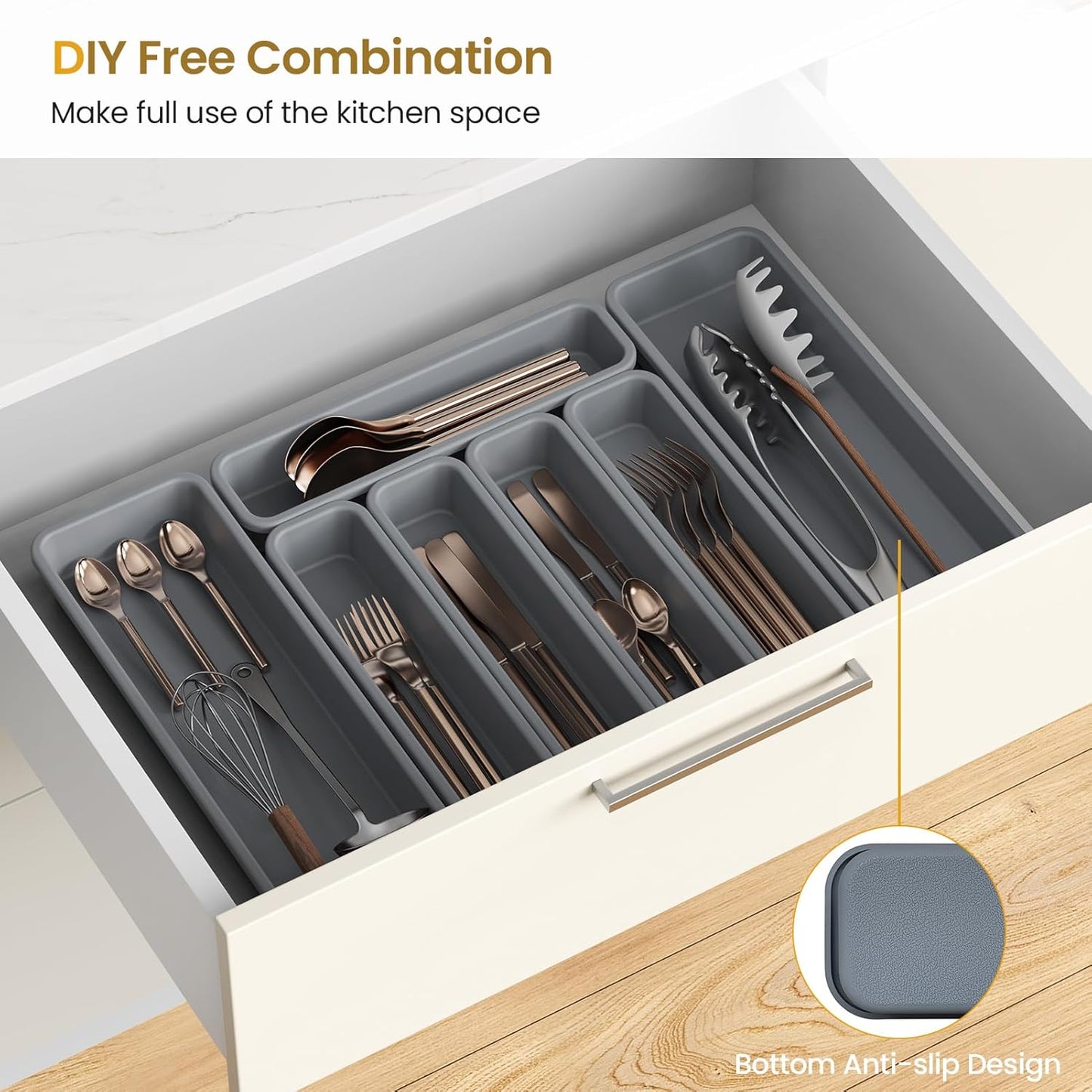 7 Pack Silicone Silverware Drawer Organizer, DIY Free Combination Kitchen Drawer Organizer