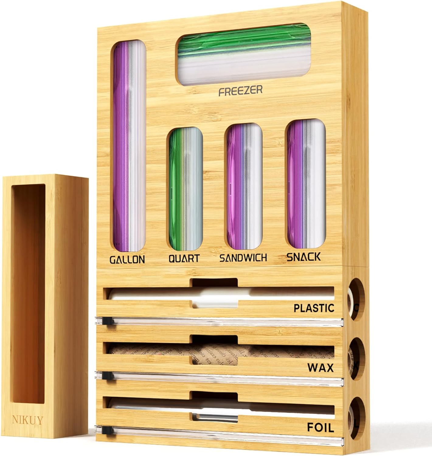 9 IN 1 Bamboo Foil and Plastic Wrap Organizer for Kitchen Drawer