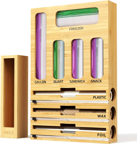 9 IN 1 Bamboo Foil and Plastic Wrap Organizer for Kitchen Drawer