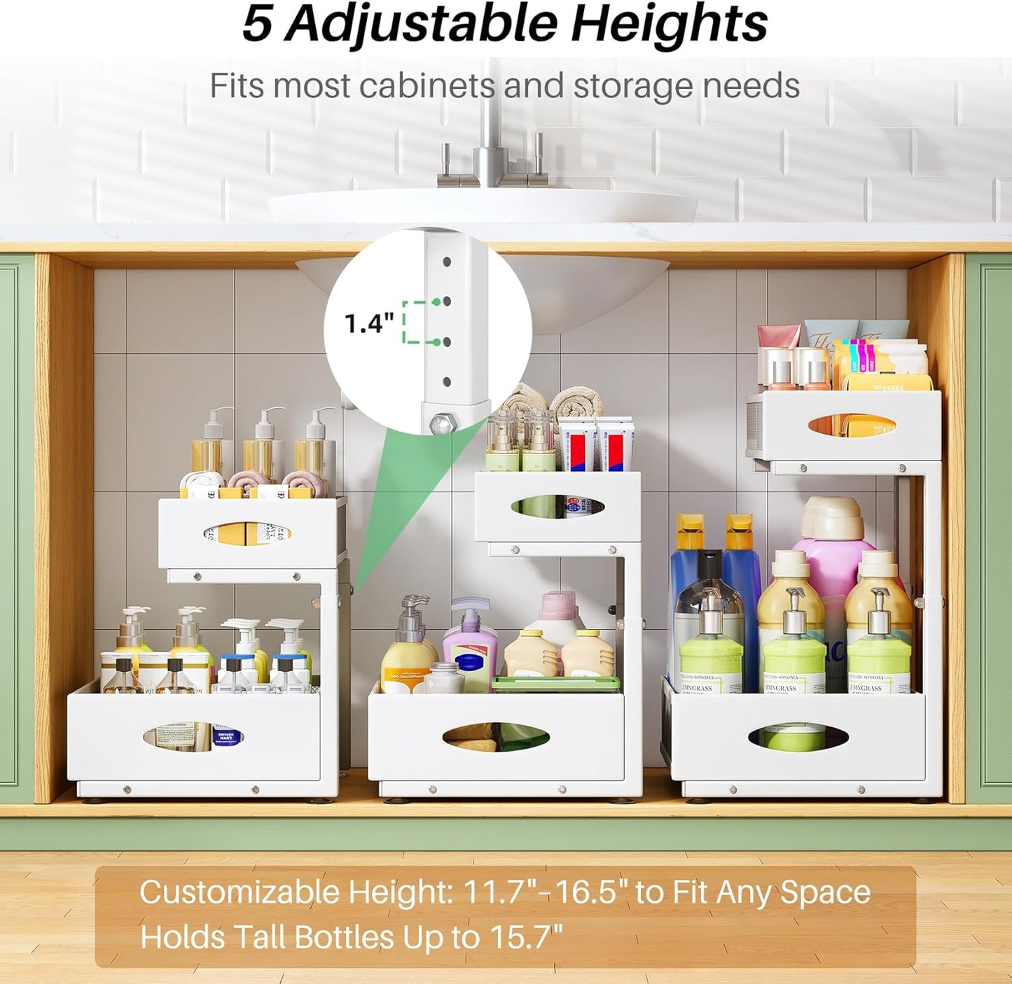 Under Sink Organizer, 2-Pack Pull Out Cabinet Organizer 2 Tier Metal Slide Out Storage Shelf Rack