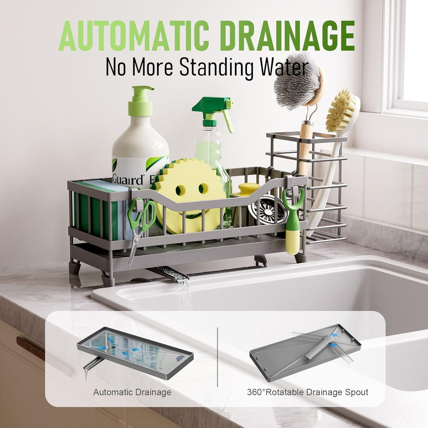 Sponge Holder for Kitchen Sink, Kitchen Sink Caddy with Long-Handled Dish Brushes Holder