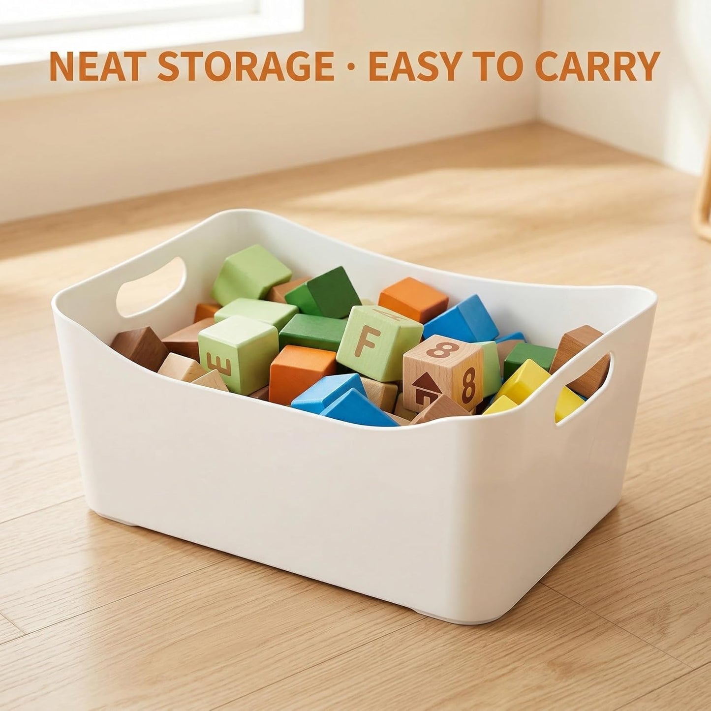 4 Pack White Plastic Storage Bins, Pantry Organizer Bin with Handles