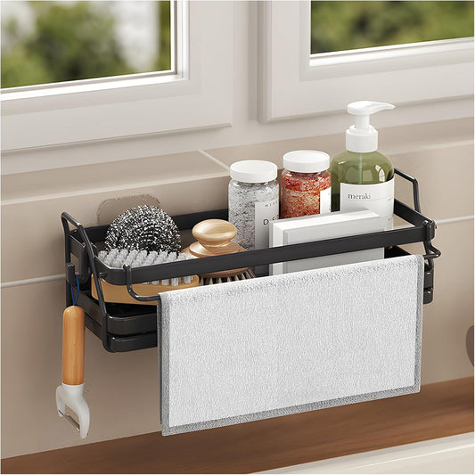 Sponge Holder for Kitchen Sink, Wall Mounted Sink Caddy with Self-Draining Drain Tray