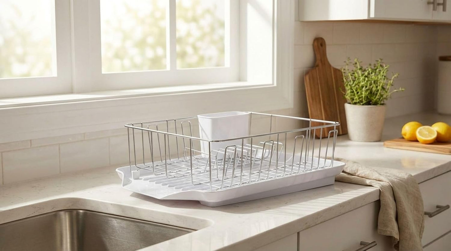 Classic Large Rust Resistant Full Dishrack with Removable 3 Compartment Flatware Caddy
