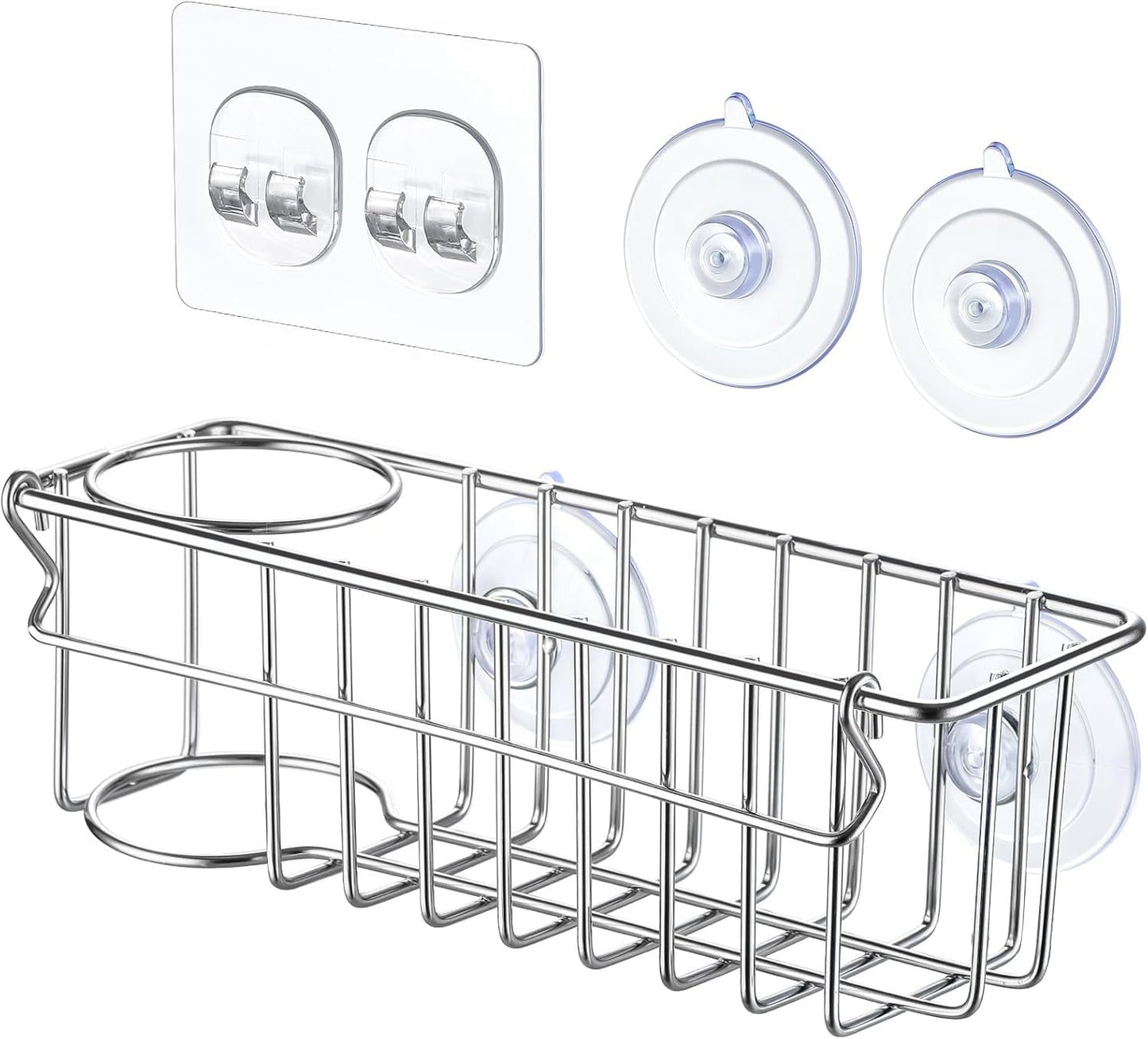 3-In-1 Sponge Holder for Kitchen Sink with Suction Cups & Adhesive Hook , In-sink Sponge Holder