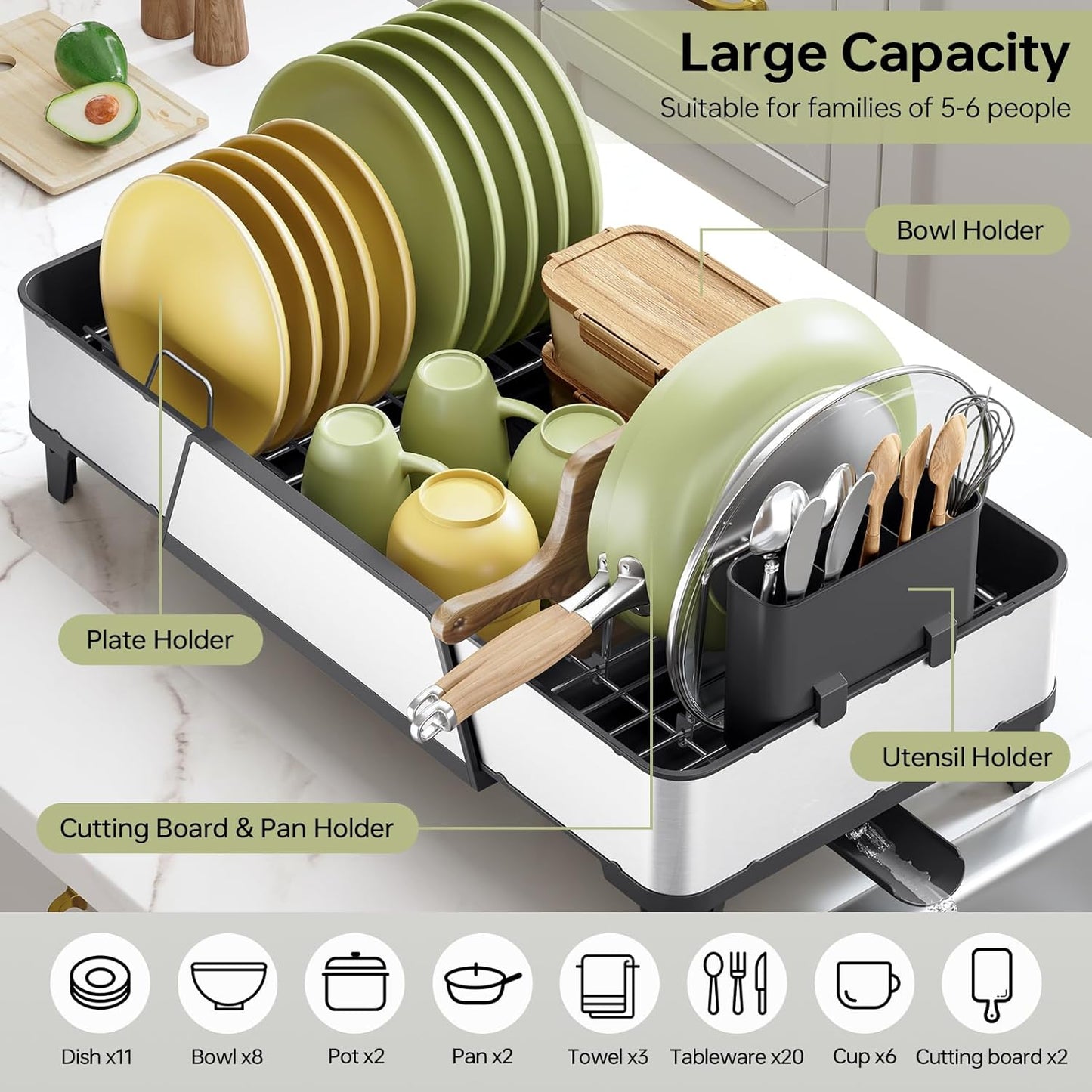 Large Dish Drying Rack - Triple Expandable Dish Rack for Kitchen Counter
