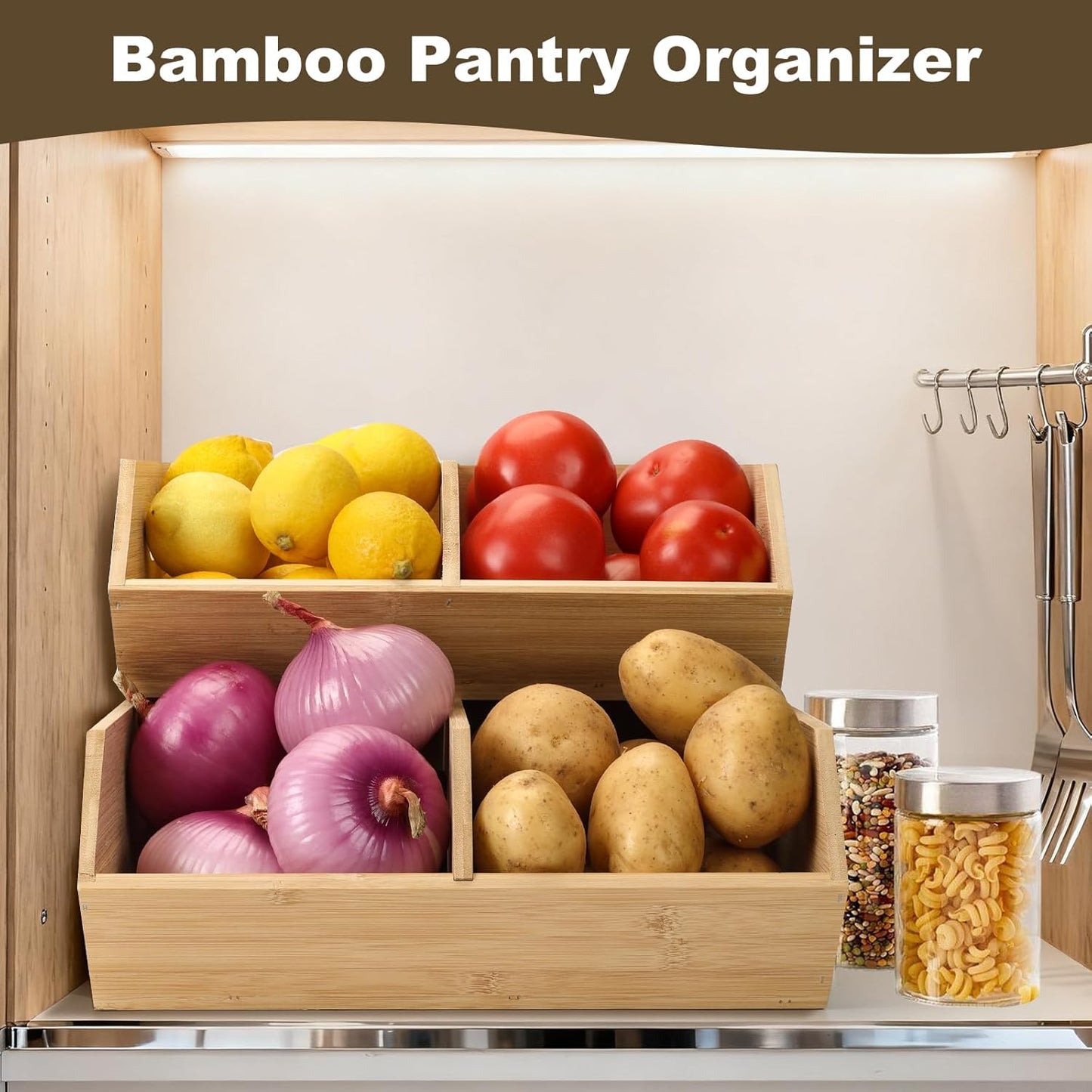 Bamboo Pantry Organizers and Storage Bins, 2 Set Stackable Baskets for Vegetables, Potatoes, Onion