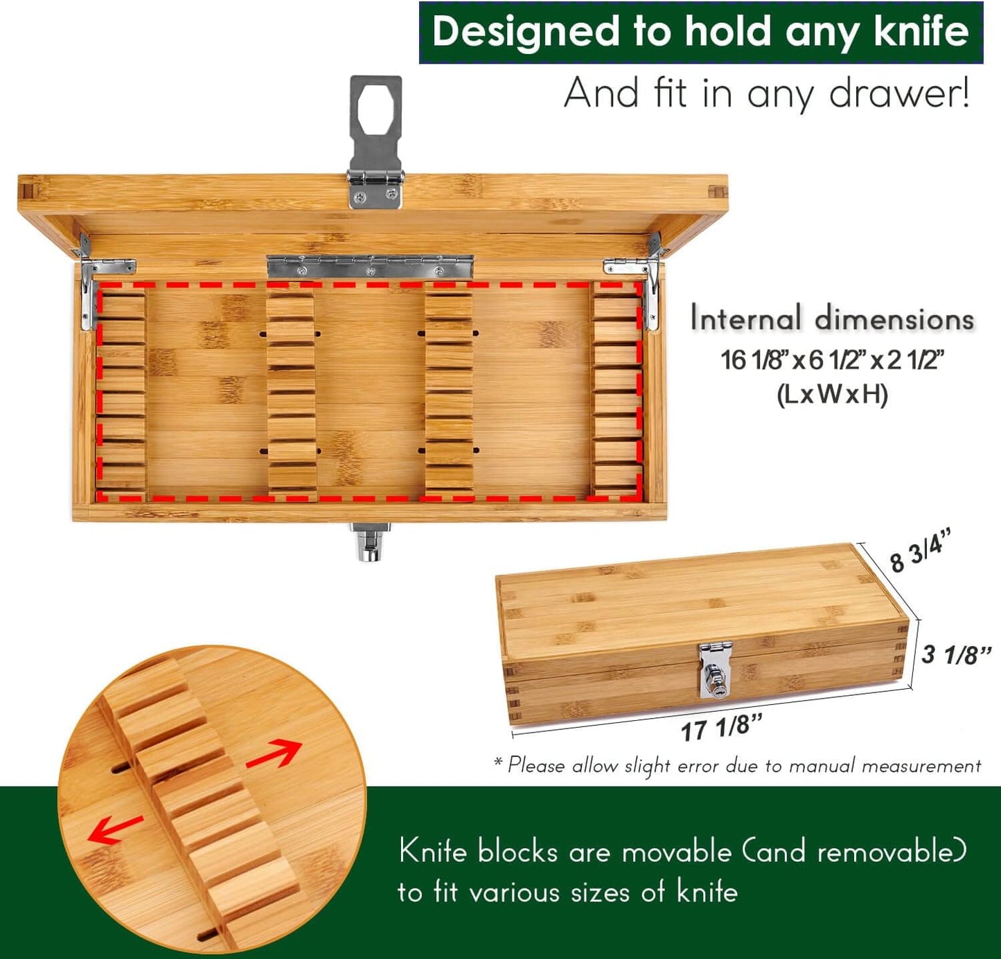 Bamboo Kitchen Knife Holder Lock Box - Knife Drawer Organizer Lockable Storage Box with Lock and Key to Keep Kids Safe from Sharp Knives. Multi Purpose Safe Box (Knives Not Included) (Extra Large)