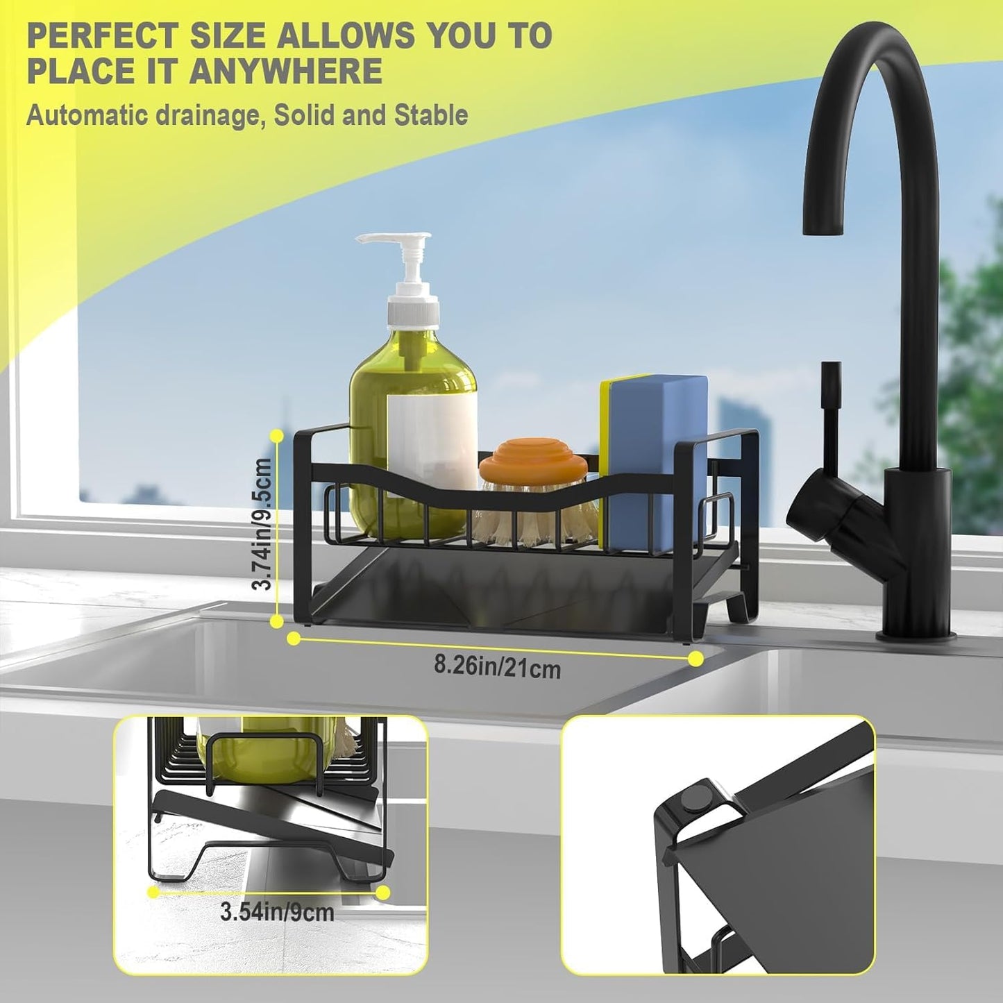 Stainless Steel Kitchen Sink Caddy Organizer with Auto Drain Tray