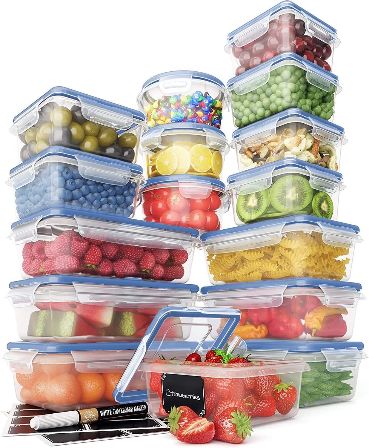 32 Piece Airtight Food Storage Containers with Royal Blue Easy Snap Lids, 16 Containers and Lids