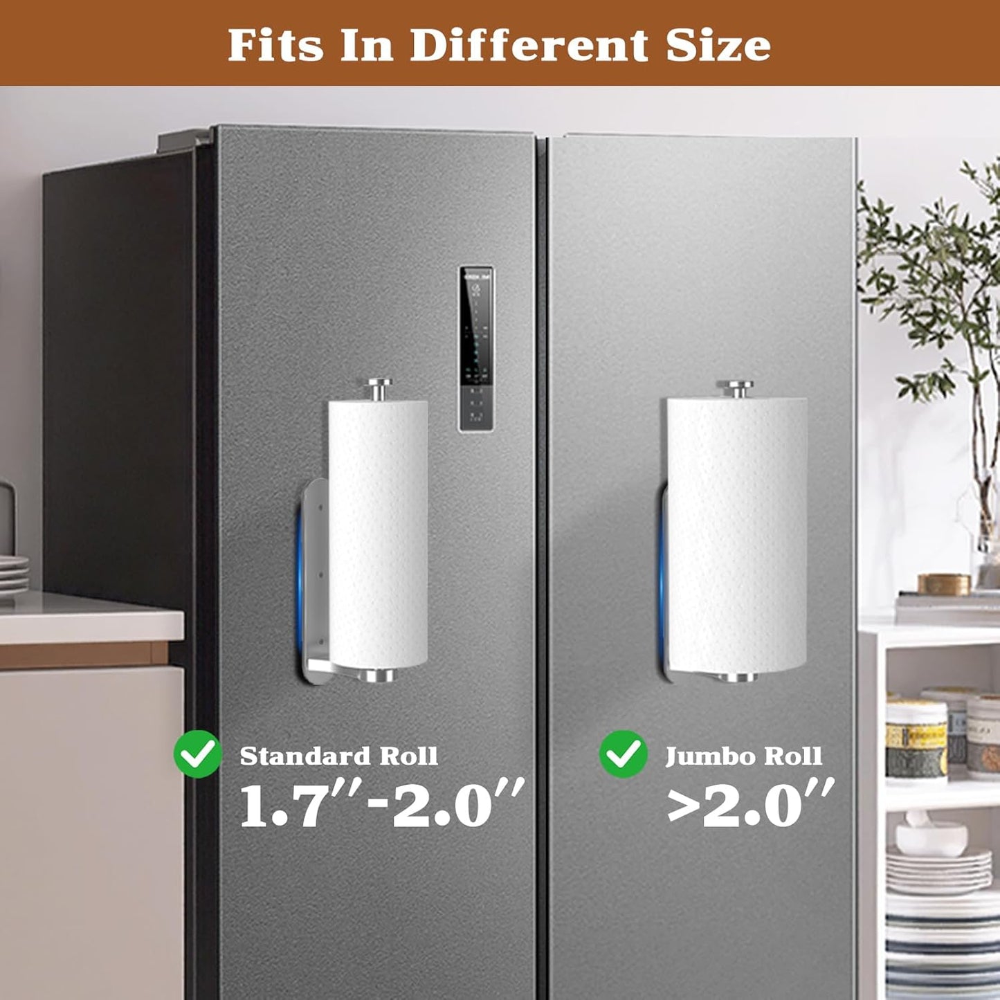 Magnetic Paper Towel Holder for Fridge - No Drill, One Hand Tear with Ratchet Mechanism, Silver
