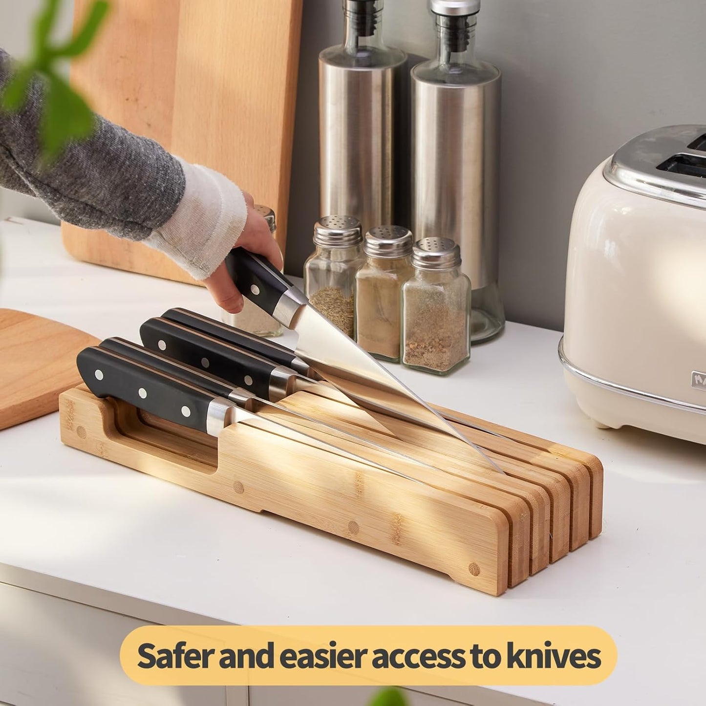 Bamboo Knife Block and In-Drawer Storage, Display Stand and Organizer