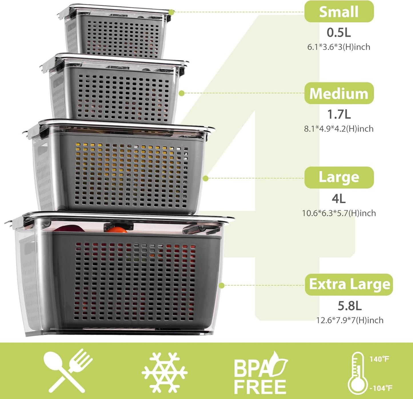 4 Pack Fruit Containers for Fridge, Vegetable Storage Container with Lids &Removable Colander Produce Saver Organizer for Refrigerator Keep Fruit, Veggie, Berry, Meat Fresh Longer-Grey