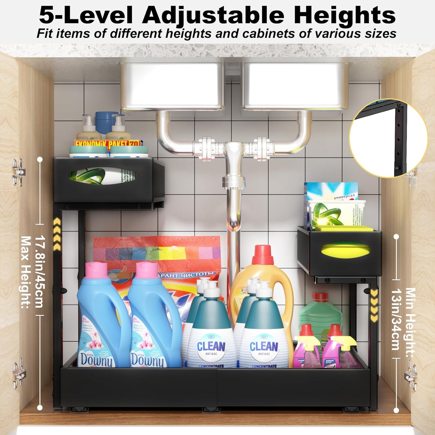 Under Sink Organizer, 14"-21" Width Expandable, 13"-17" Height Adjustable