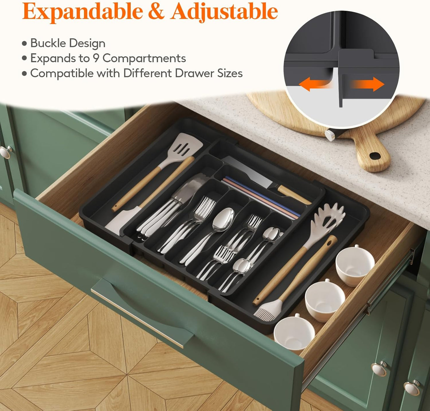 Utensil Organizer for Kitchen Drawer, Expandable Cooking Silverware Tray