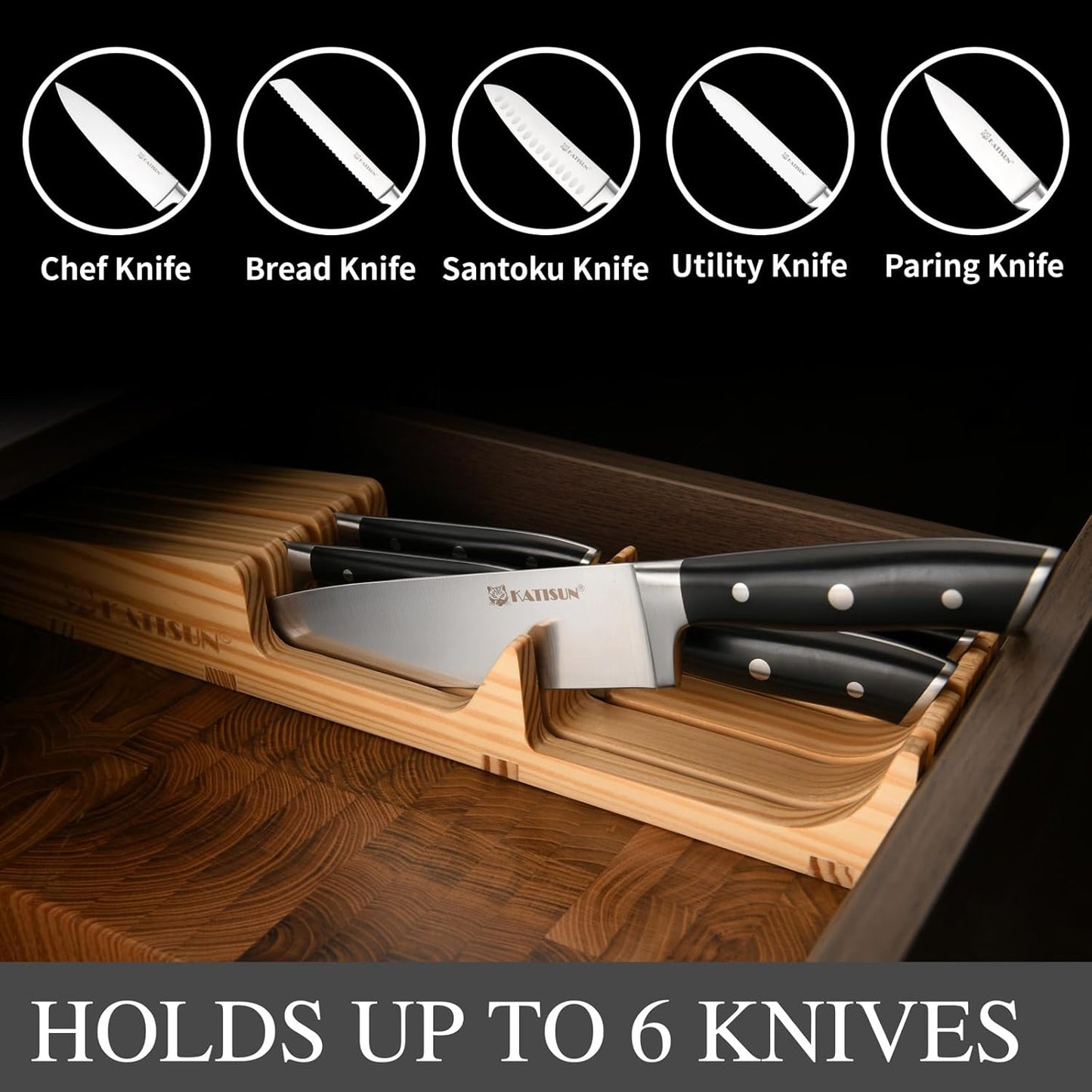 In-Drawer Knife Block with 5 Pieces Knives, Bamboo Knife Drawer Organizer for Kitchen