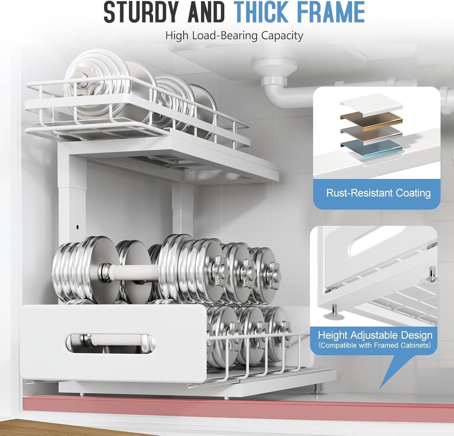 Under Sink Organizer Upgrade To Professional Rails,2-Tier Dual Pull Out Cabinet Storage,Height Adjustable Slide Out Drawers For Bathroom Kitchen,2 Pack-14.5"Dx12.8"-16.9"H,White
