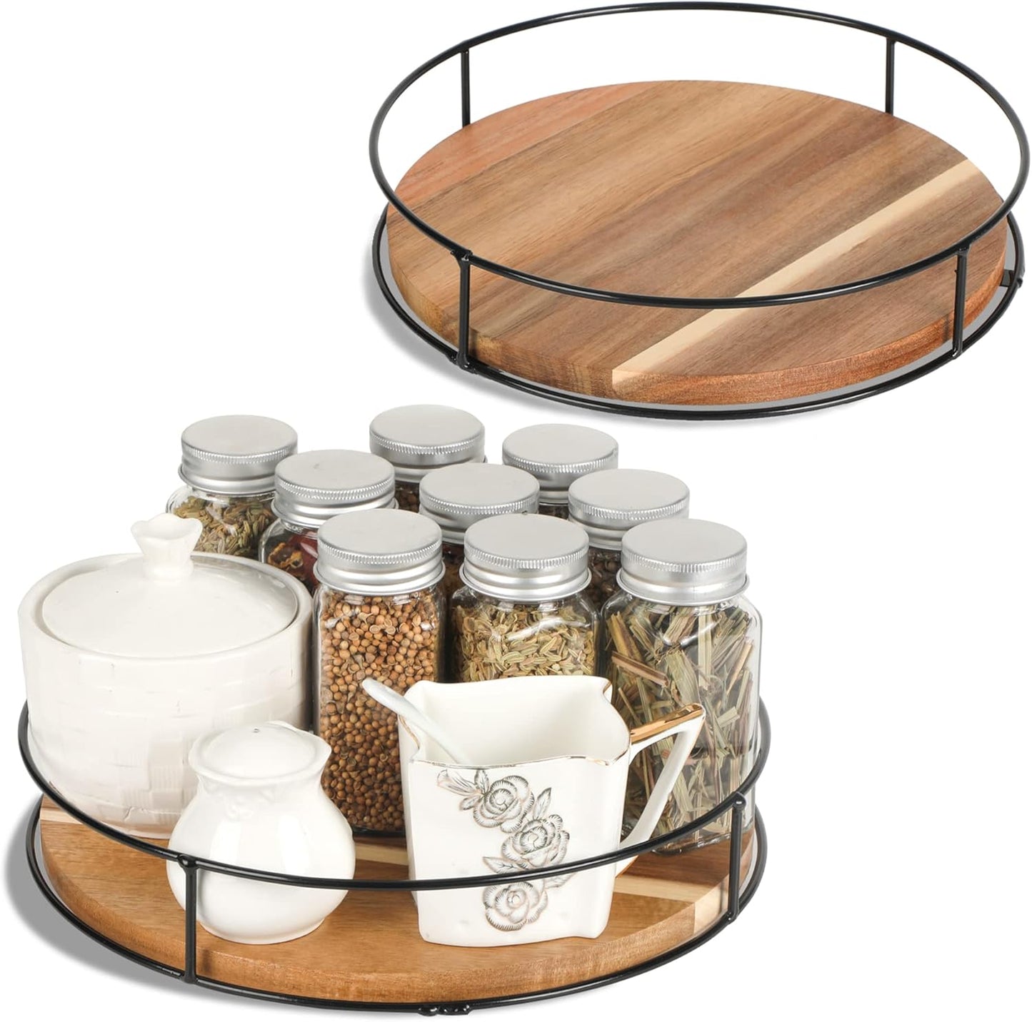[ 2 Pack ] 10" & 11" Acacia Wood Lazy Susan Organizers with Steel Sides