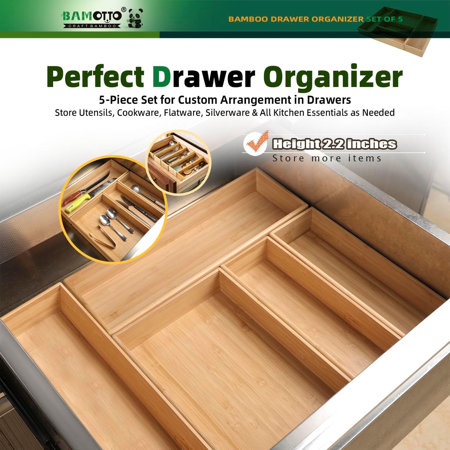 Stack Bamboo Drawer Organizer Set of 5, Kitchen Utensil