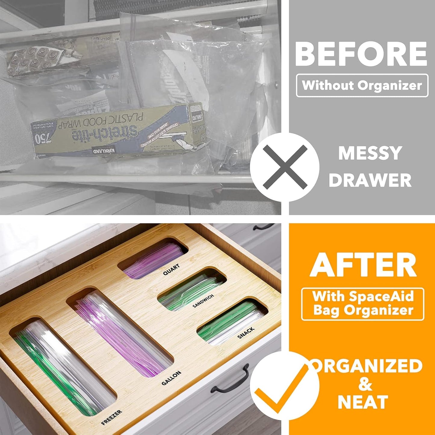 Bag Storage Organizer for Kitchen Drawer, Bamboo Organizer, Compatible with Gallon, Quart