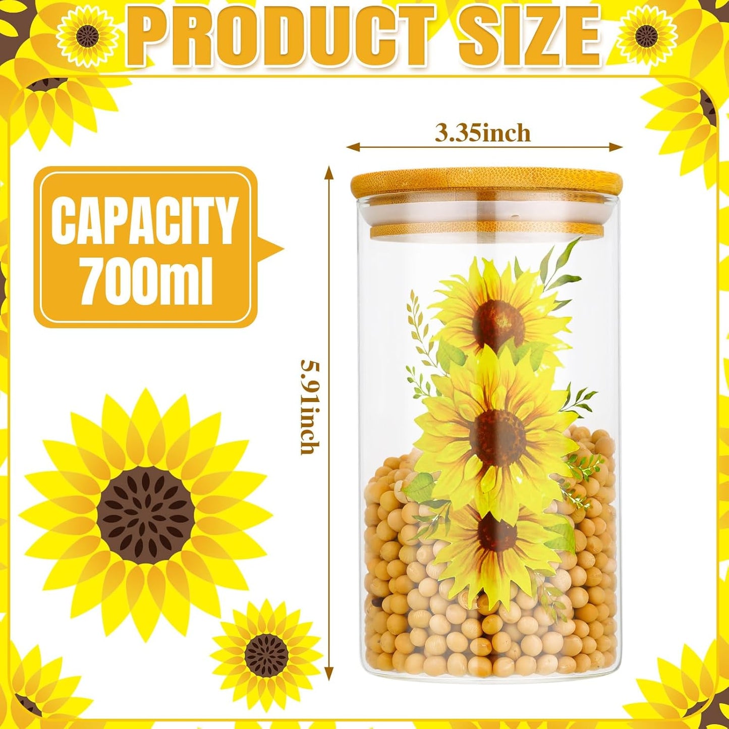 3 Pcs Sunflower Glass Canister Set Clear Lemon Kitchen Storage Jars with Airtight Bamboo Lid for Coffee Bean Cookie Candy Tea Flour Farmhouse Home Countertop 24oz