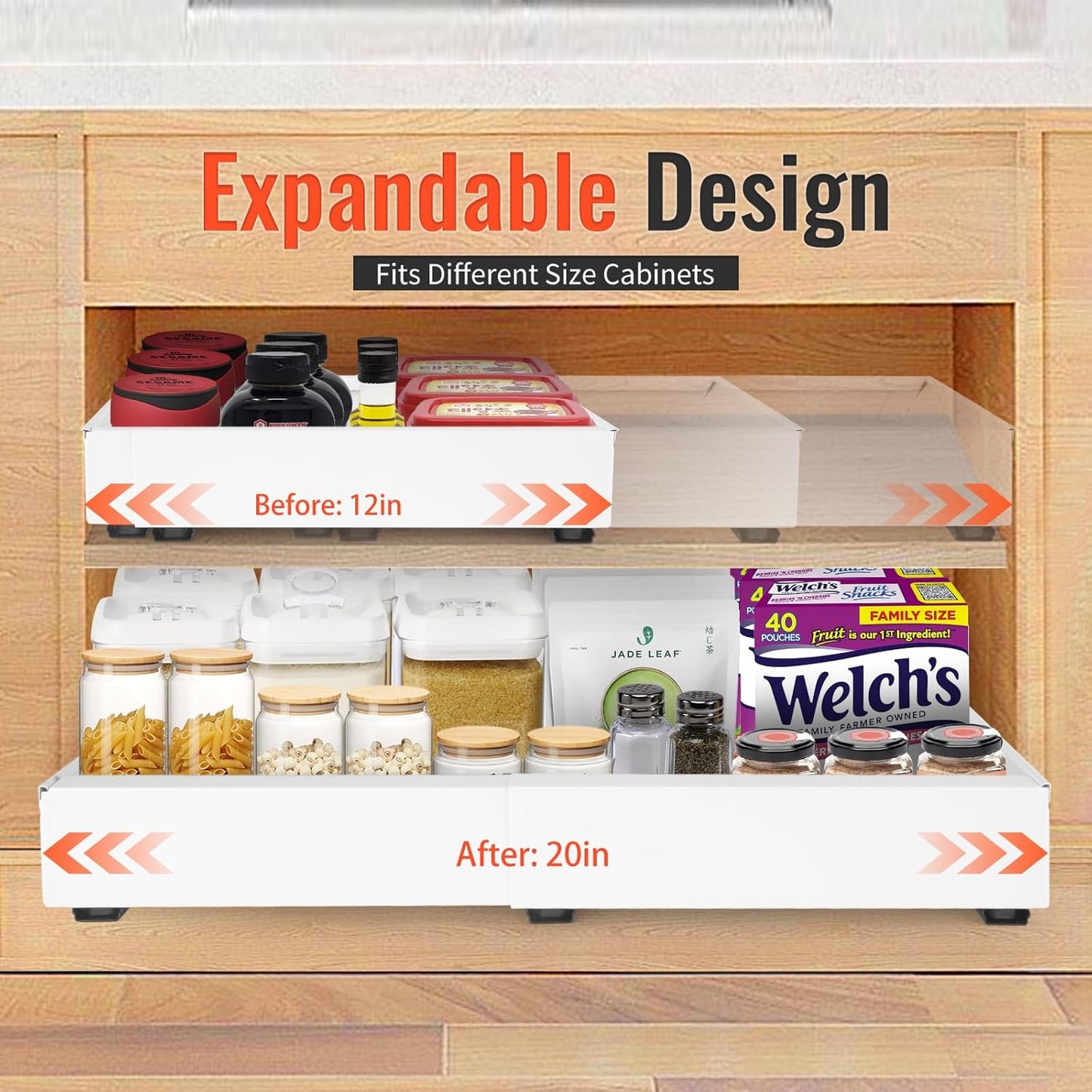 21" Deep Expandable Pull Out Cabinet Organizer,(12"-20")Slide Out Drawers For Kitchen Cabinets,Adhesive With Nano Film, Peel and stick Pull Out Drawers For Cabinets In Kitchen, Pantry (white,1PACK)